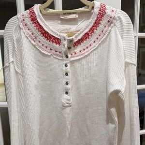 We The Free White Button Down with Red Embroidery